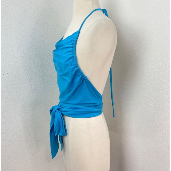 Peacock Blue Wrap Jersey Knit Halter Top Sm/Med Backless Boho Gypsy Coquette - Picture 5 of 8